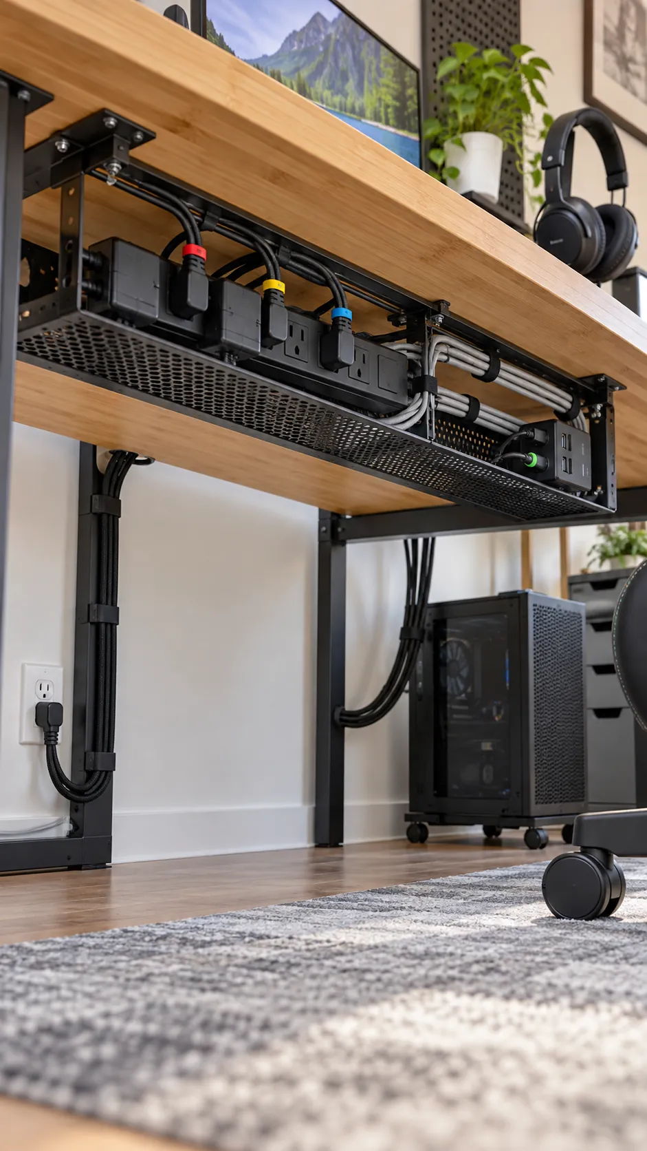 Accessible cable tray beneath a gamer desk setup