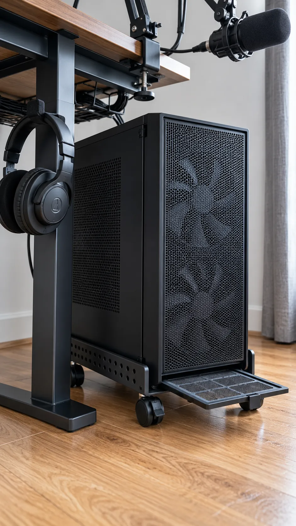 Gaming computer with clear airflow beside a desk
