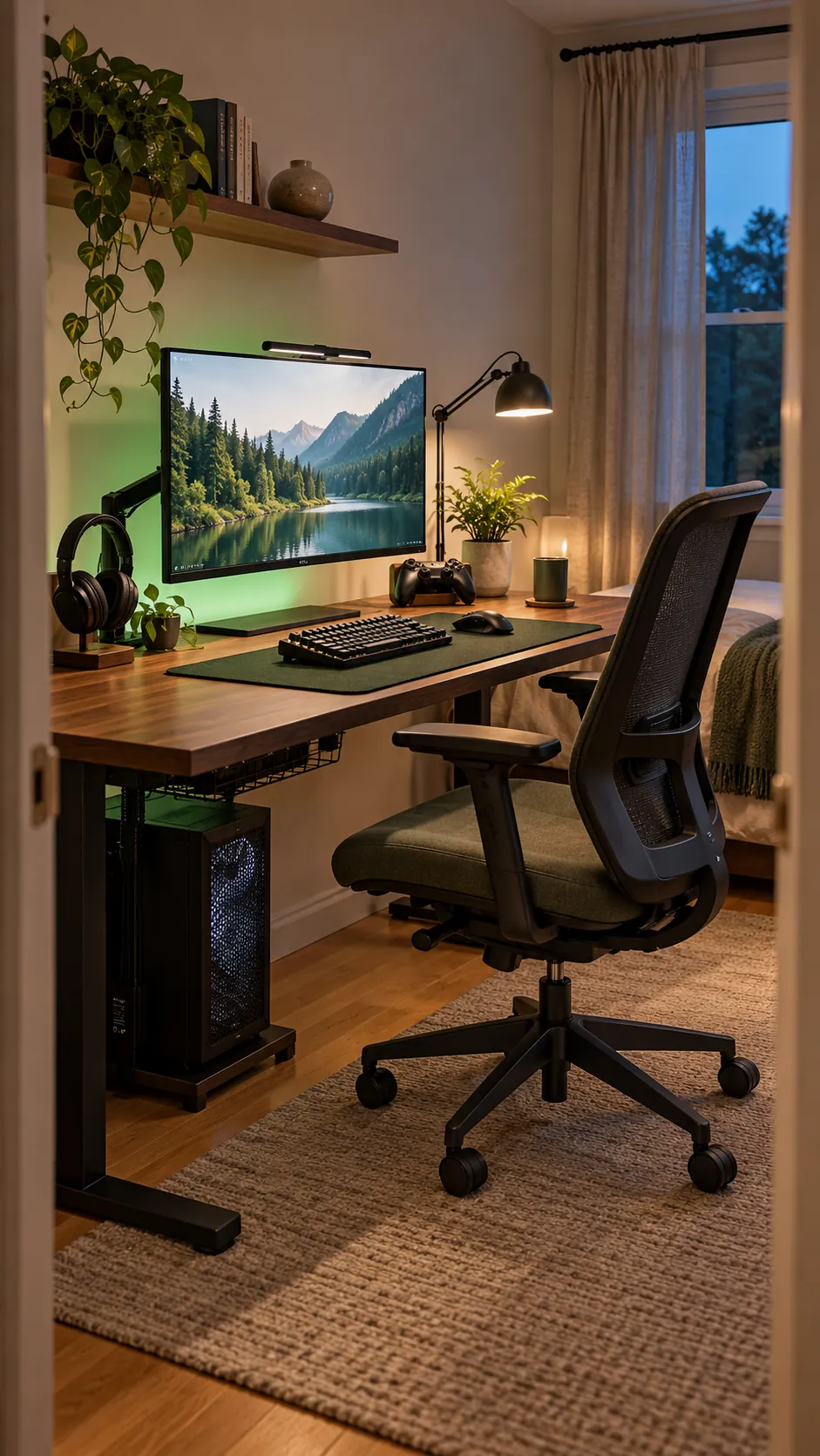 Finished gamer desk setup in a compact bedroom
