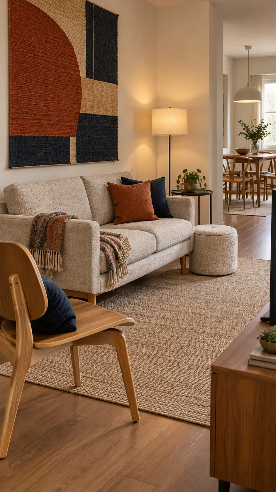 Compact sofa with slim arms in a small apartment living room