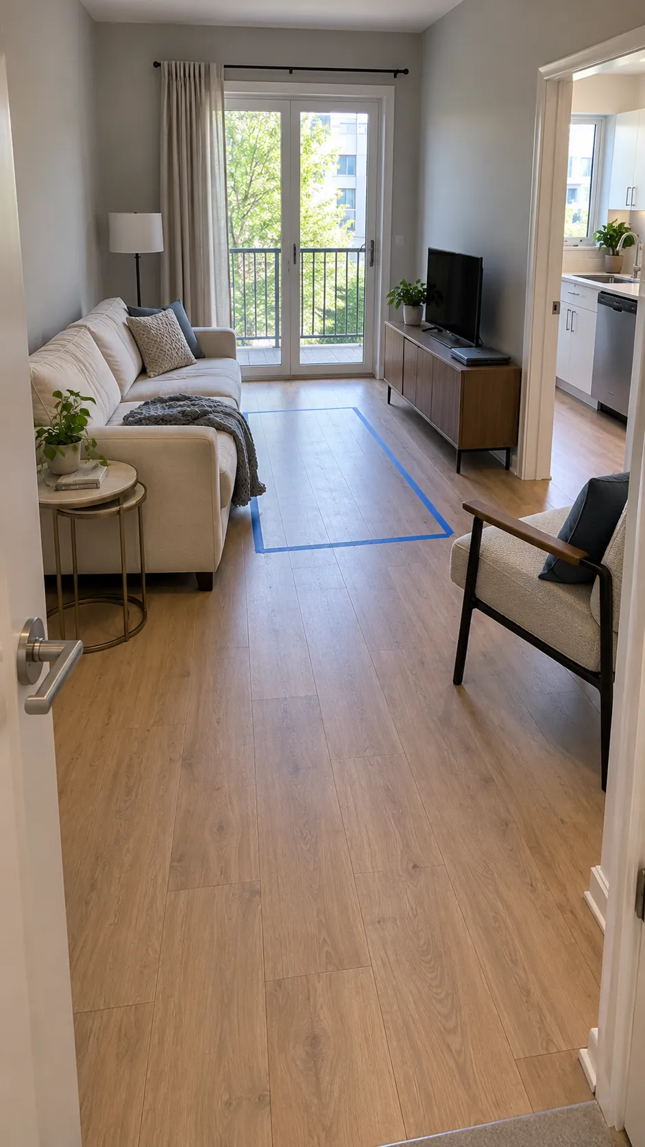 Tiny living room decor arranged around a clear walking route