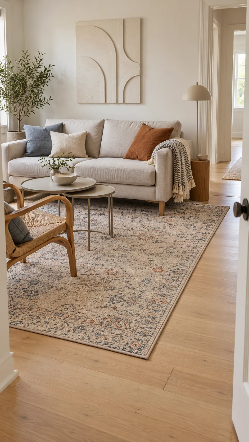 Small living room rug connecting sofa and movable chair