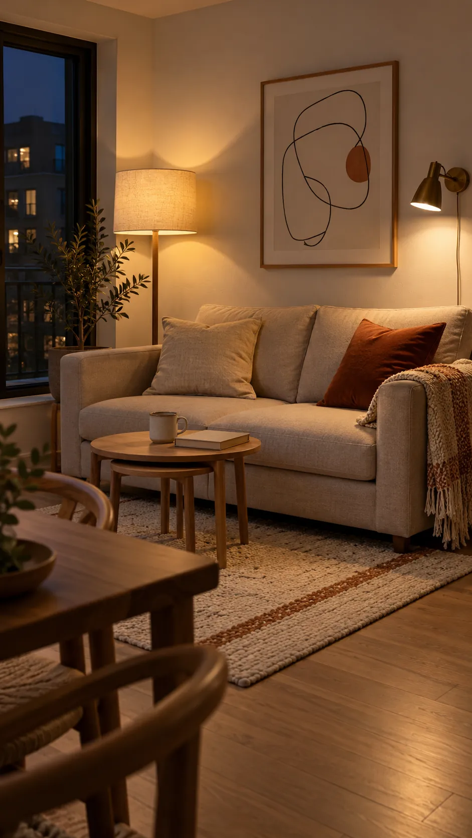 Cozy neutral living room with layered lighting and restrained texture