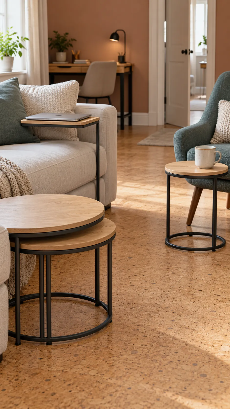 Nesting coffee tables creating flexible surfaces in a tiny living room