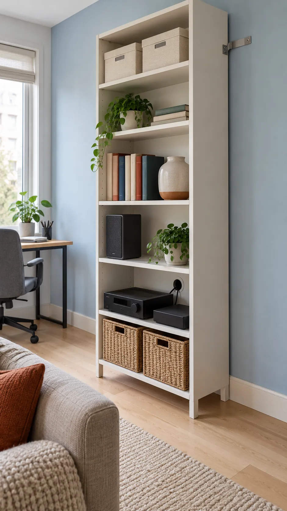 Vertical living room storage using a narrow secured bookcase