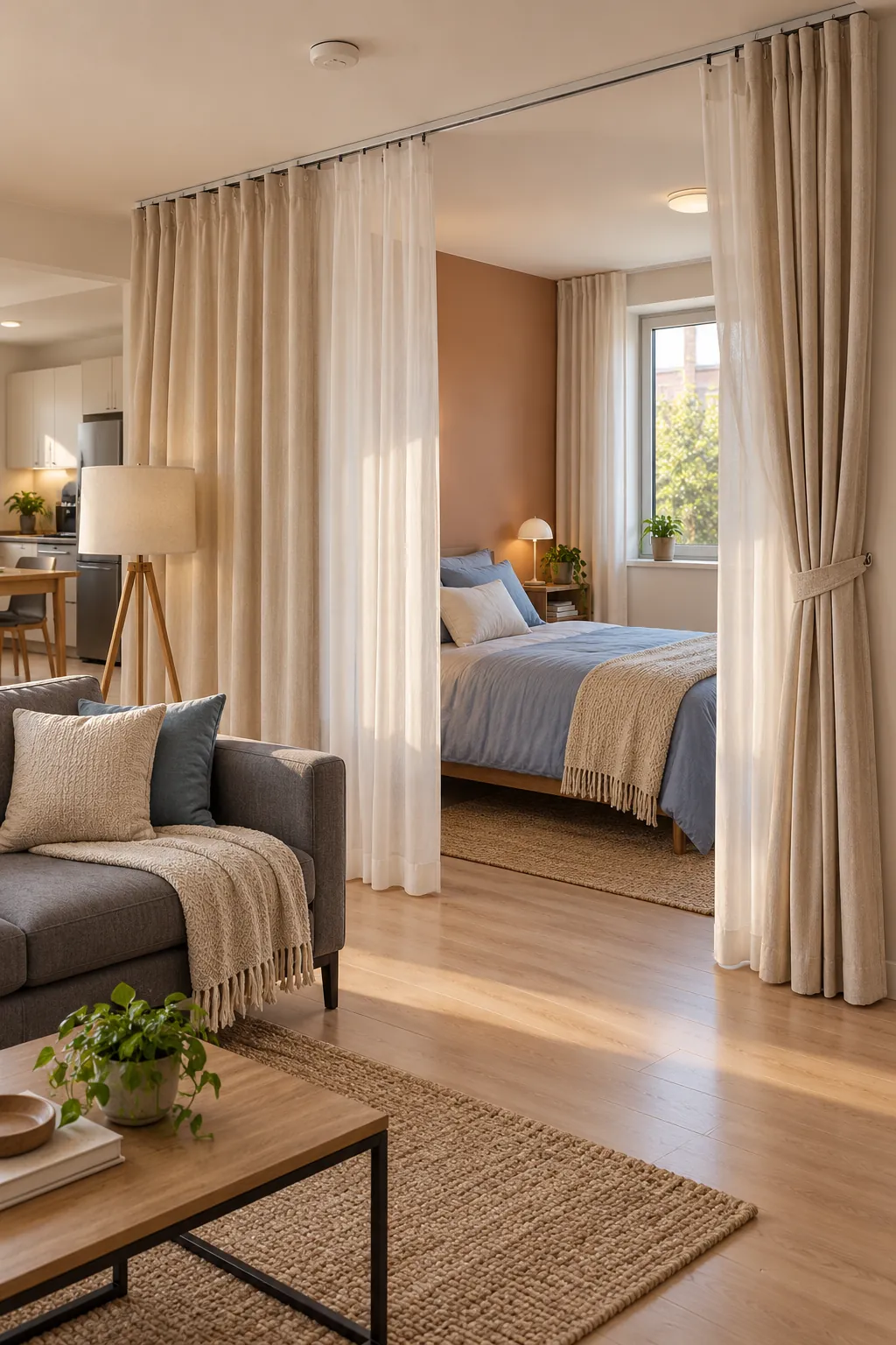 Curtain bedroom divider creating flexible privacy in a rental apartment