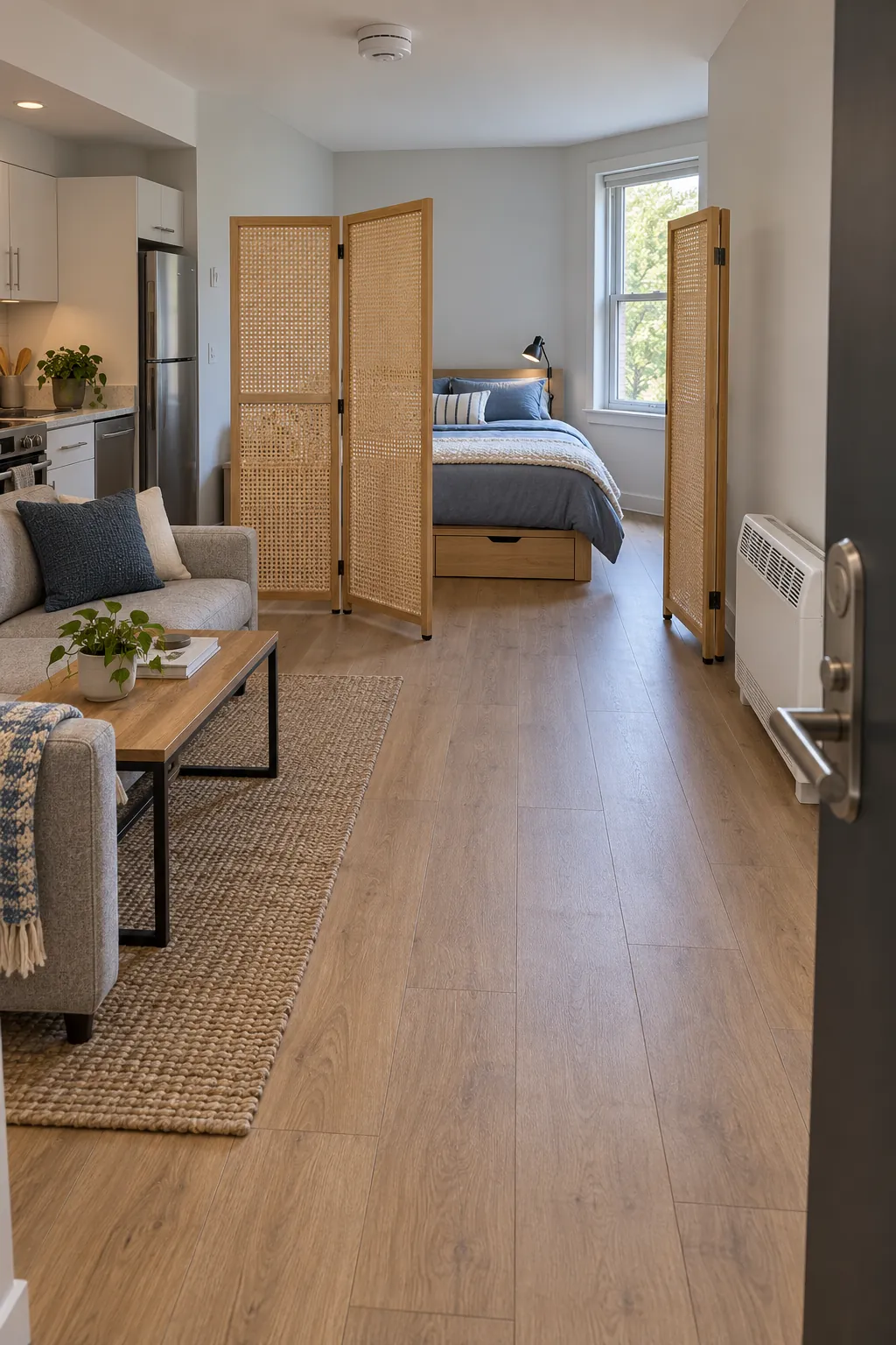 Living room bedroom combo with a clear route from bed to exit