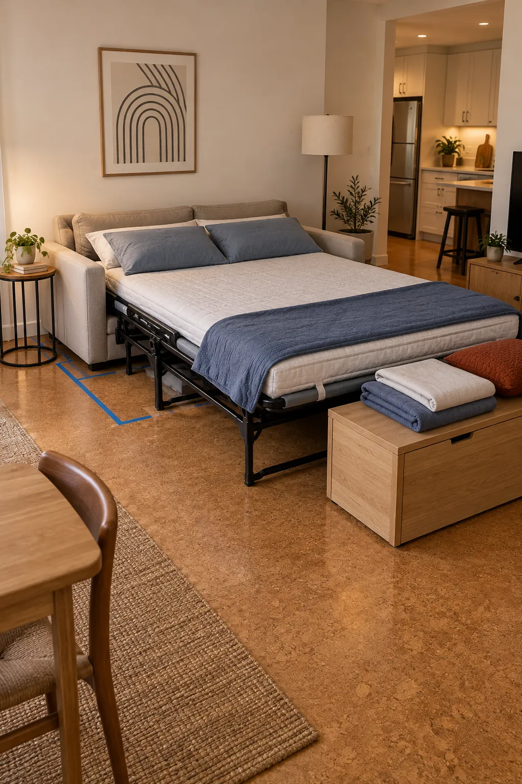 Sofa bed layout with clear opening space and nearby bedding storage