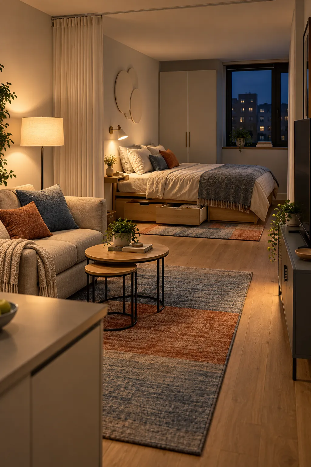 Apartment zoning with separate lighting and storage for bed and living areas