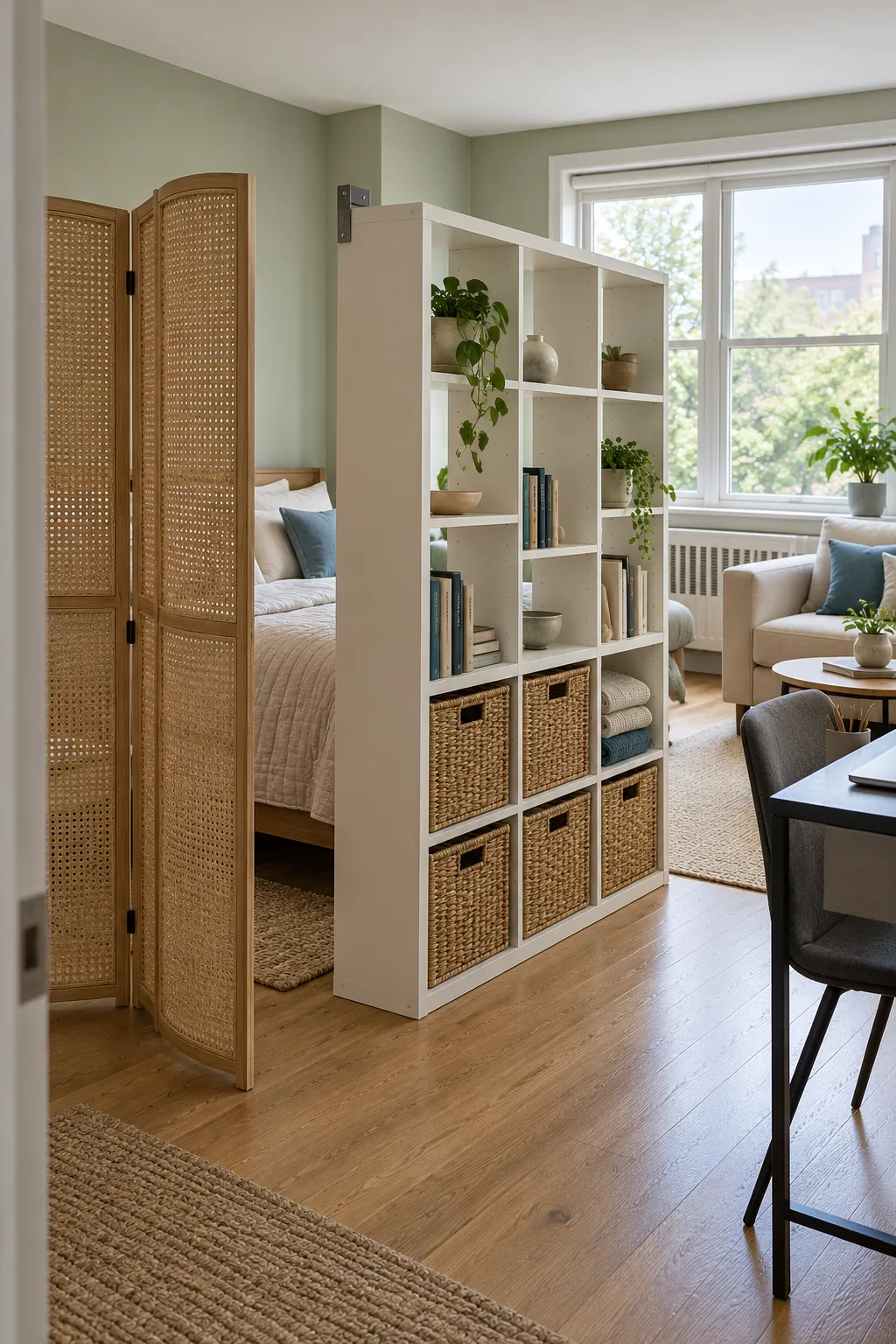 Open storage divider separating a bed while sharing daylight