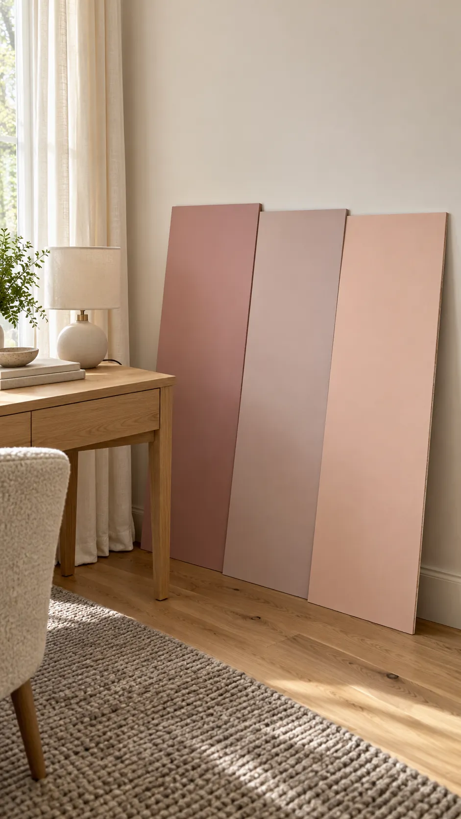 Large blush paint samples tested beside an office desk