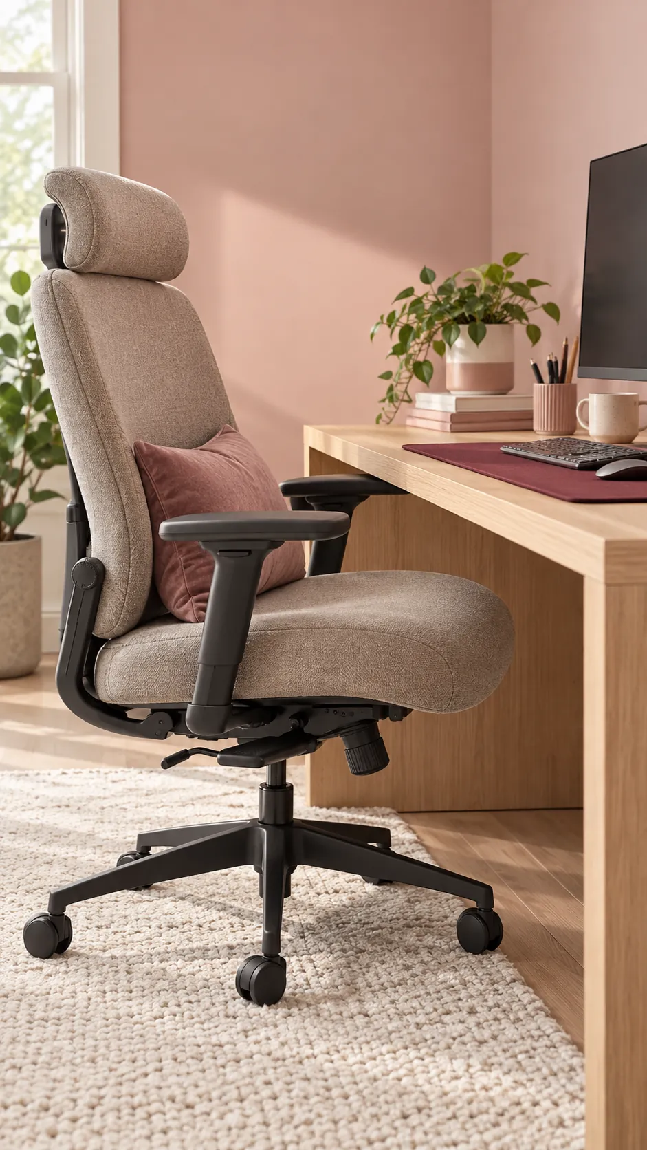 Supportive office chair beside a blush and wood workspace