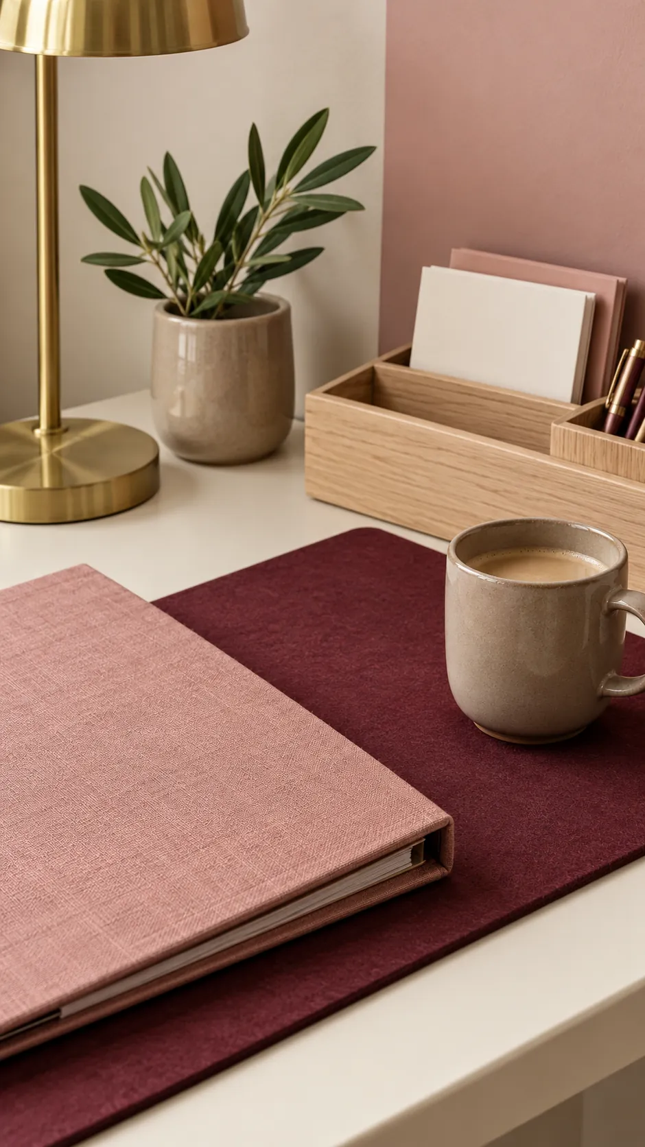 Muted pink office palette with cream wood and burgundy accents