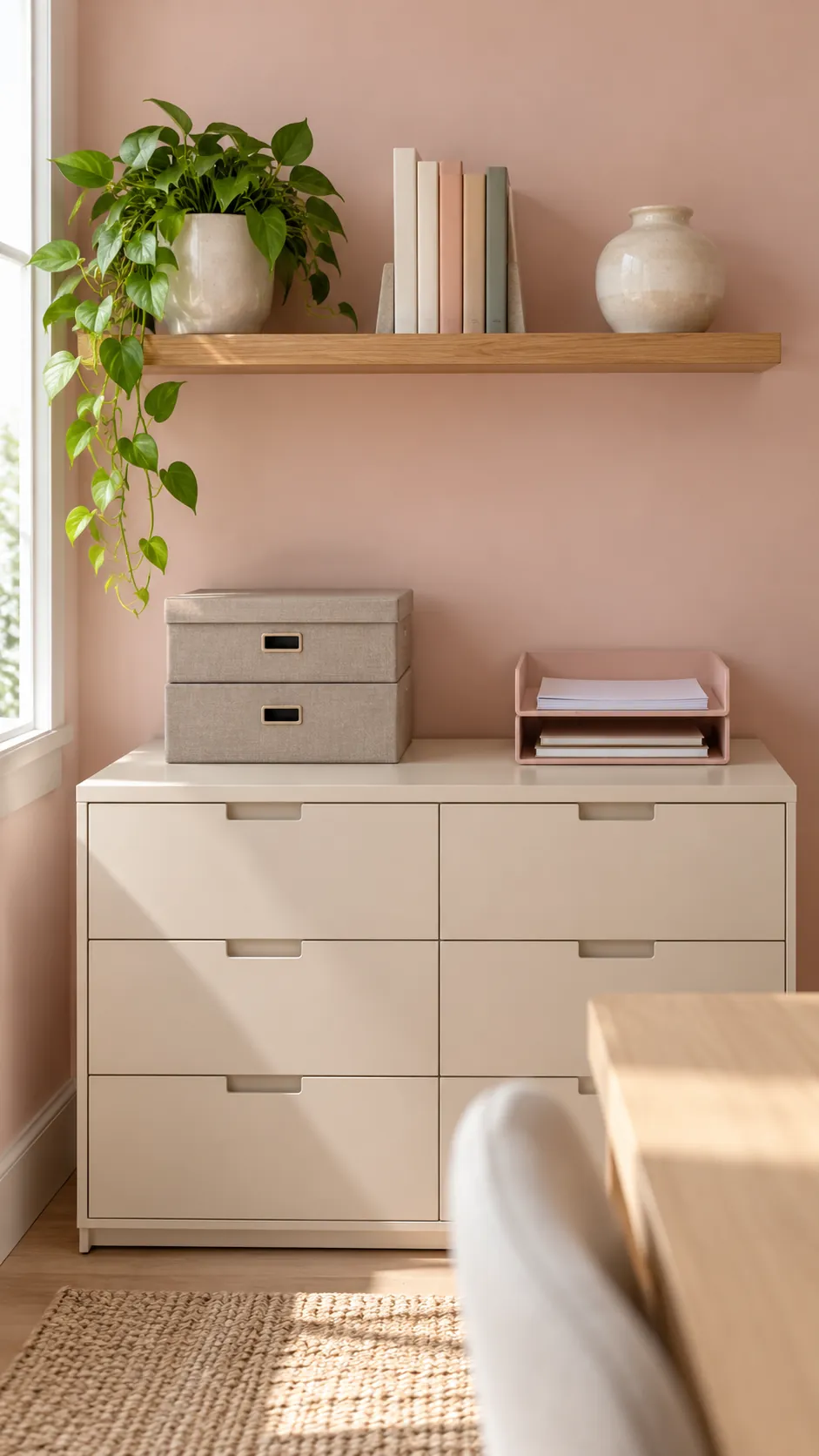 Calm closed storage in a pink home office