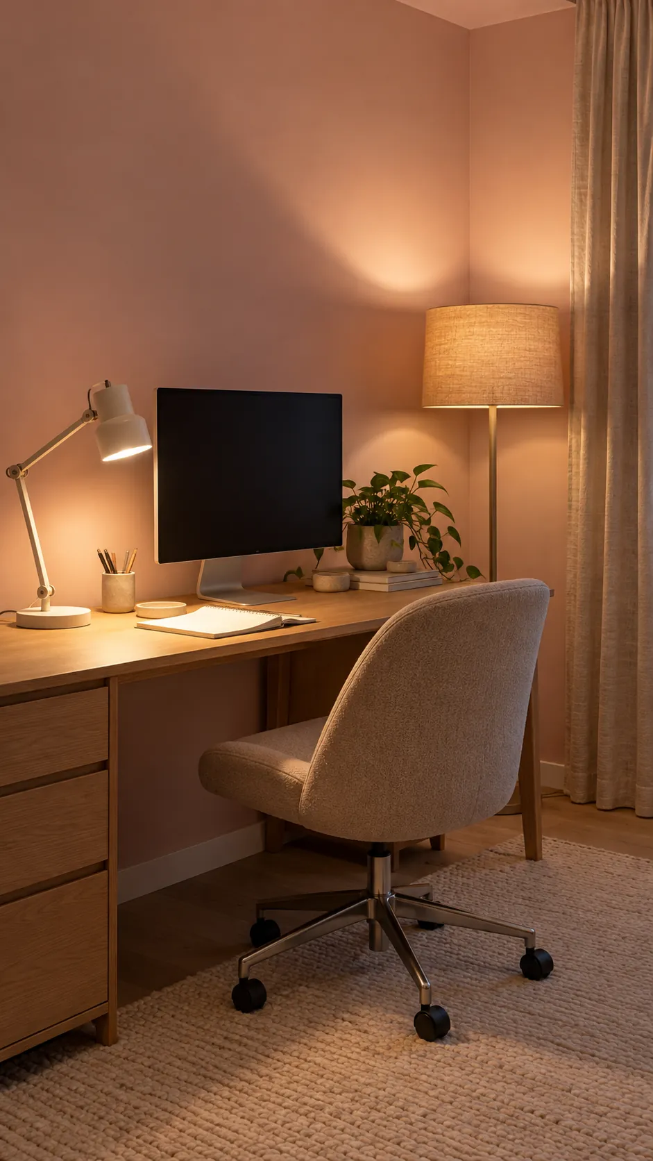 Layered neutral lighting in a blush pink office