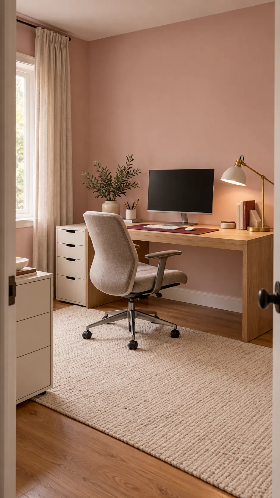 Finished pink office aesthetic with muted blush and natural wood