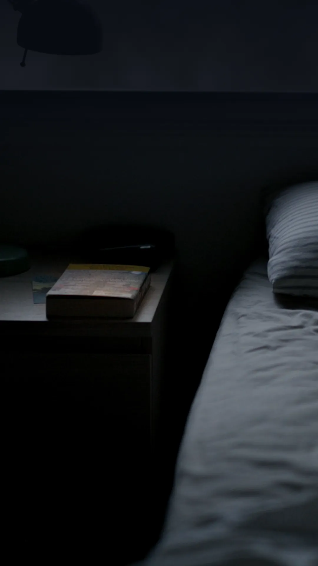 Small clip book light with an amber beam on a hardcover on one side of a shared bed while the other pillow stays dark