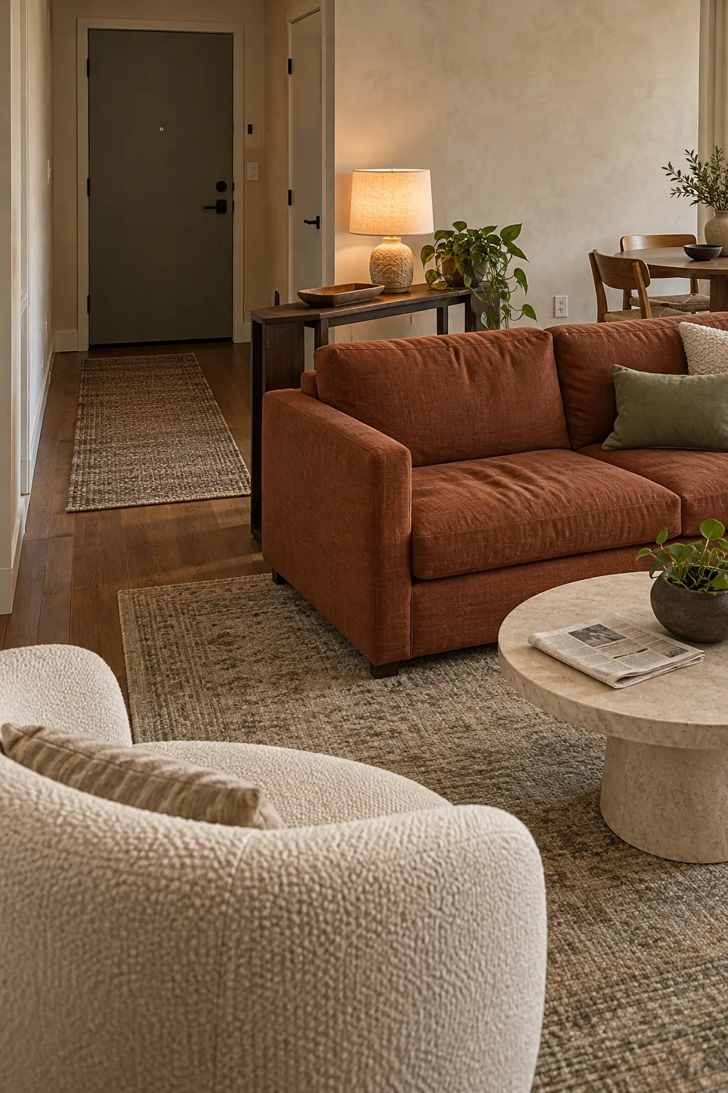 Compact sofa floating in a small living room conversation area