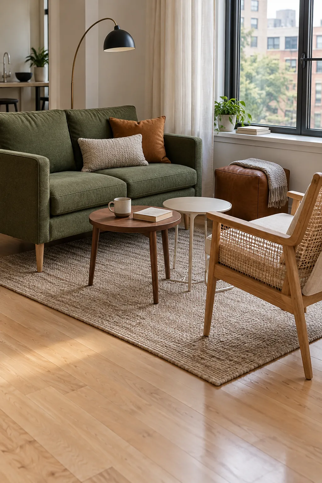 Open leg furniture and nesting tables in a compact living room