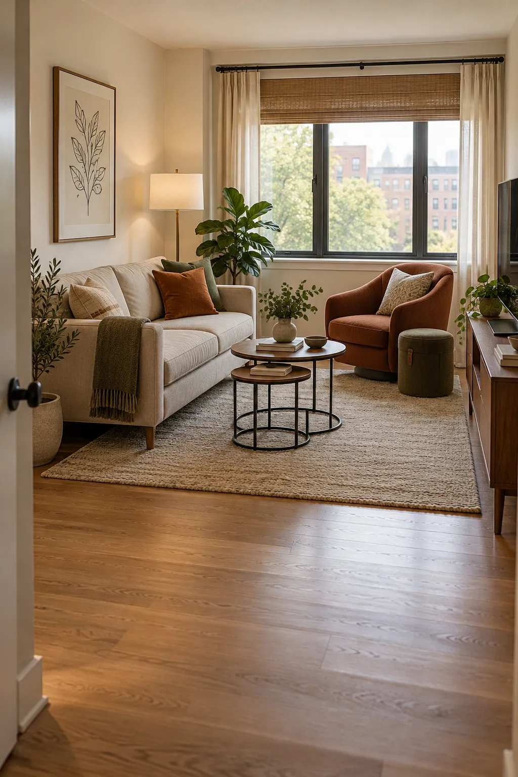 Organized furniture in a bright small living room with clear walking space
