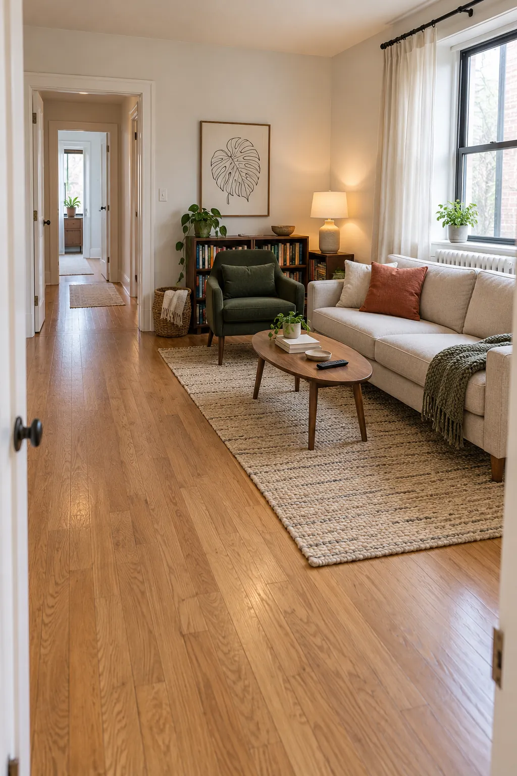 Small living room furniture arranged around a clear walking path
