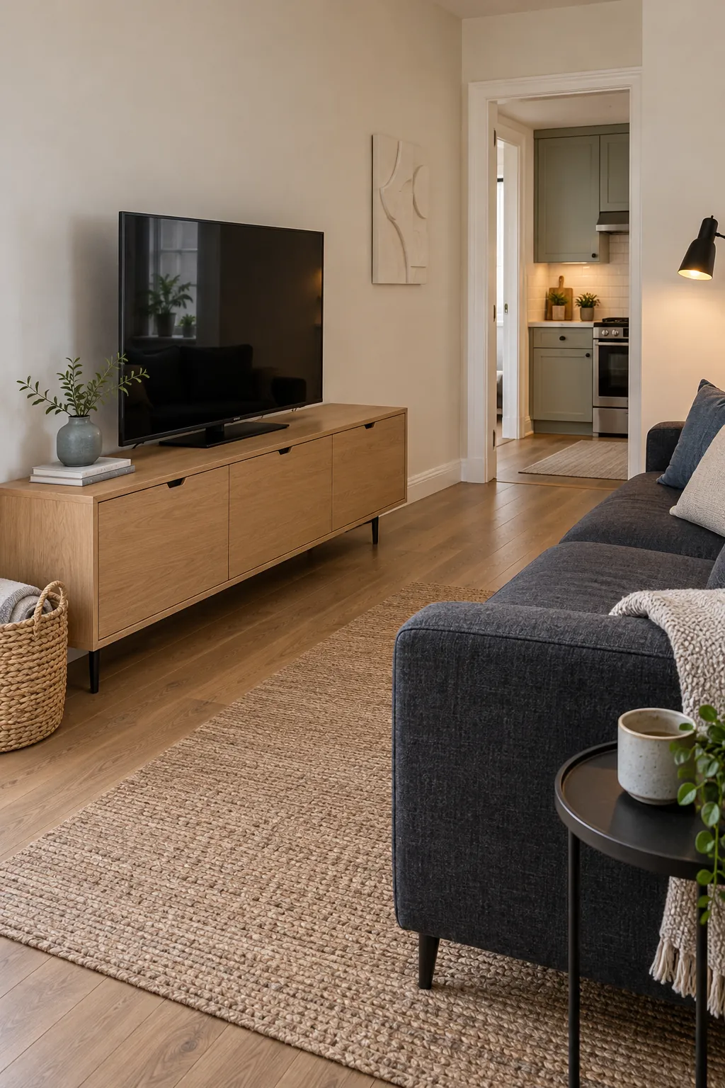 Shallow media console facing a compact sofa in a small living room
