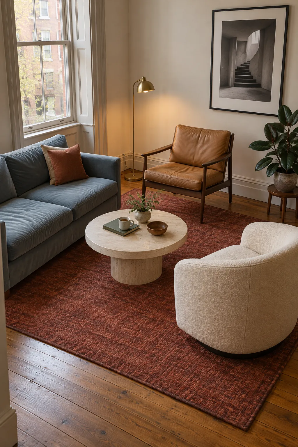 Sofa and chair arranged for conversation on one area rug