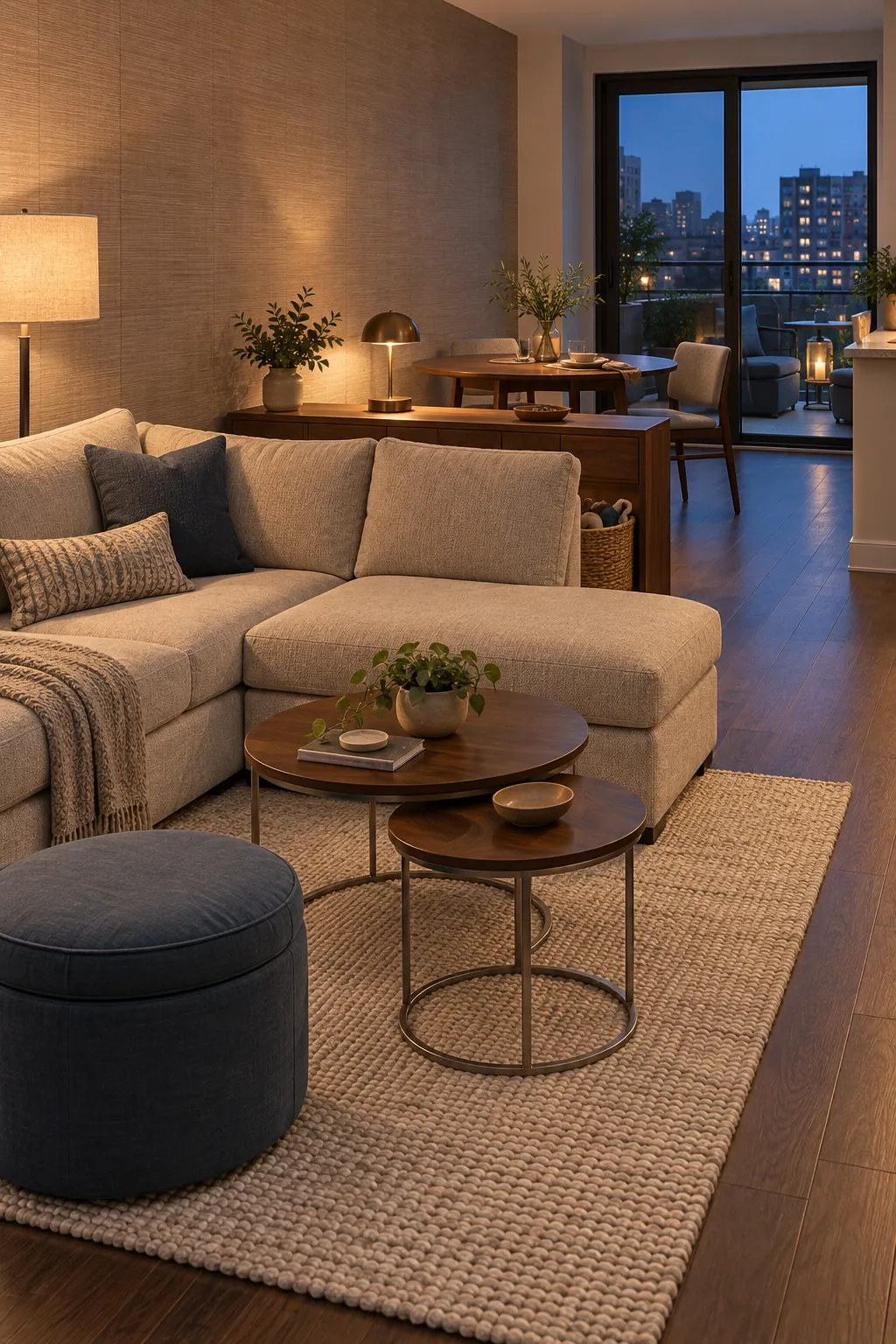 Small living room zones defined by a sofa rug and flexible tables