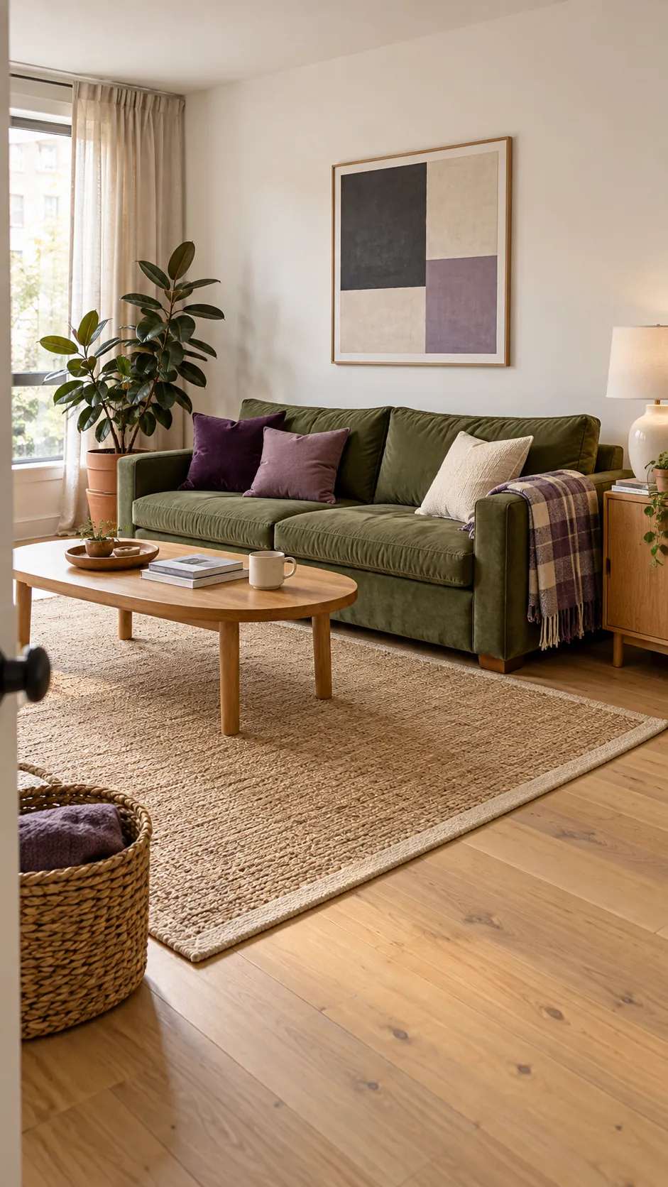 Purple and green living room with warm white walls and natural oak furniture