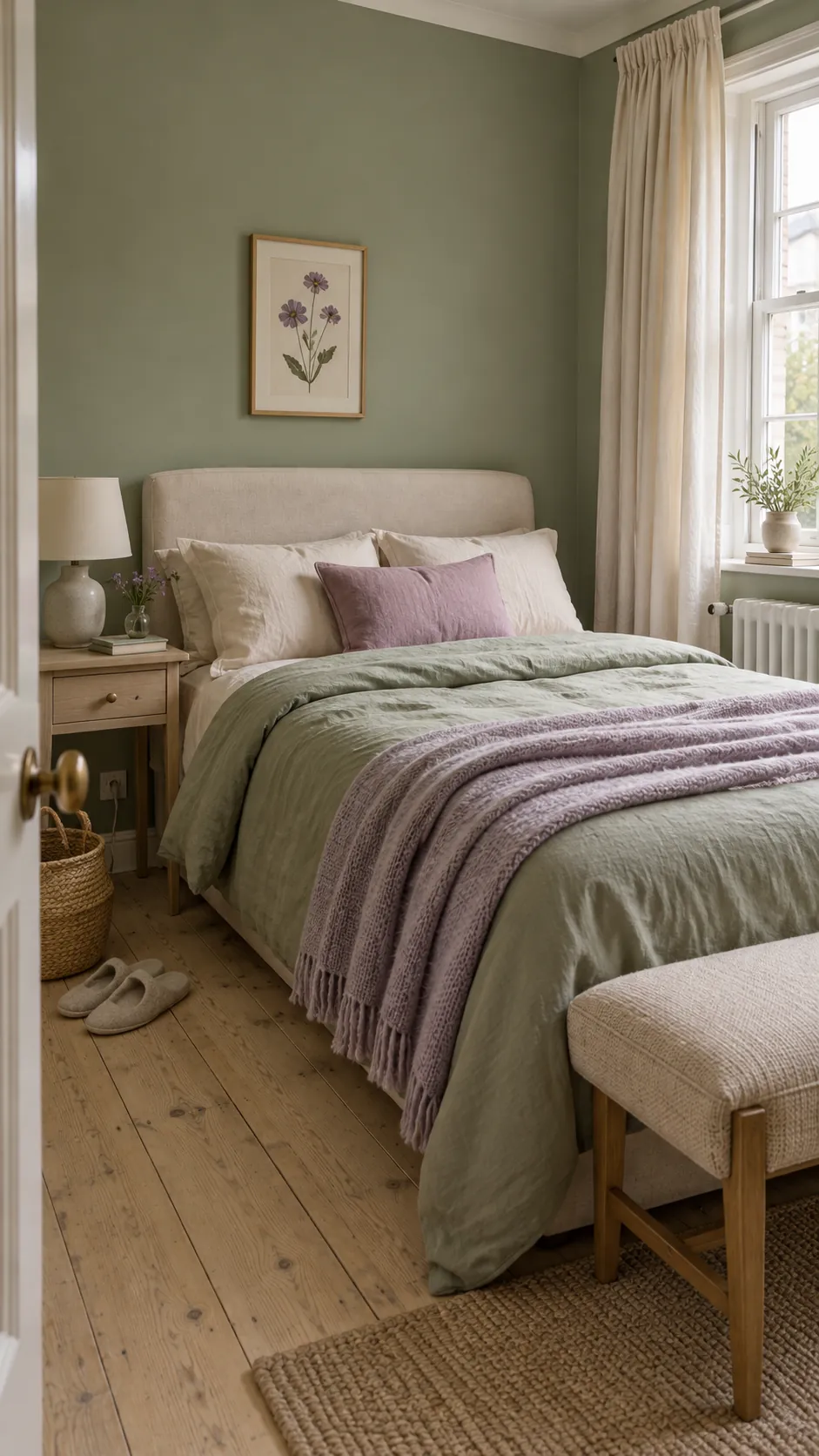 Sage green and lilac bedroom decor balanced with cream textiles