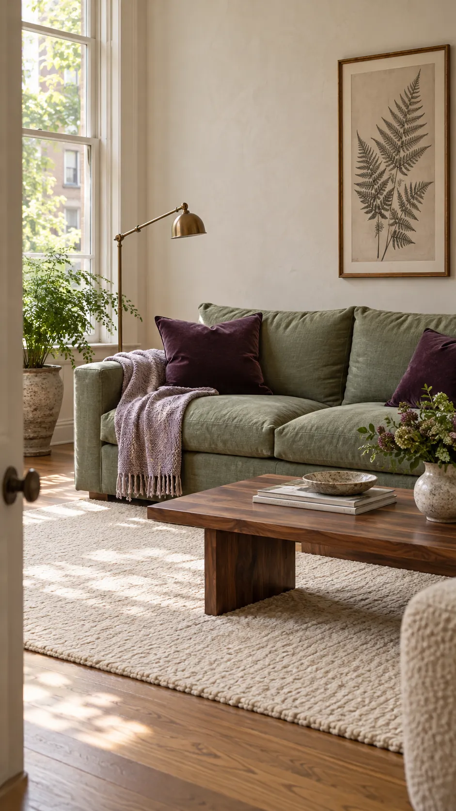 Layered purple and green interior color palette in a sophisticated living room