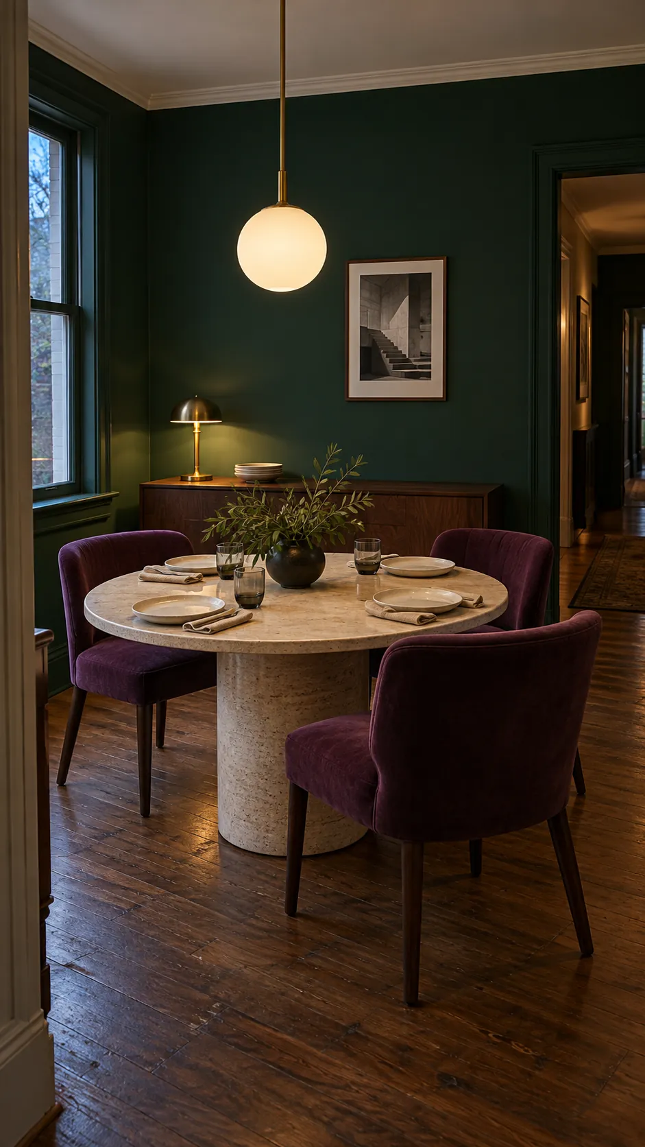 Emerald green and plum dining room palette with restrained brass accents