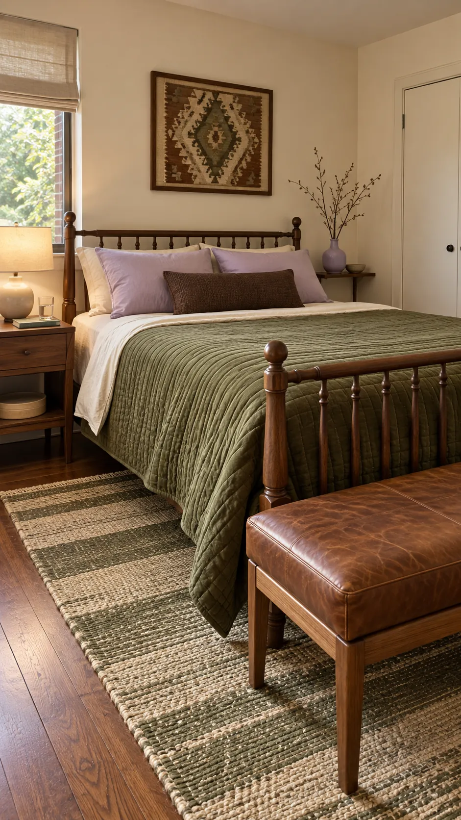 Olive green and lavender bedroom grounded by walnut and brown details