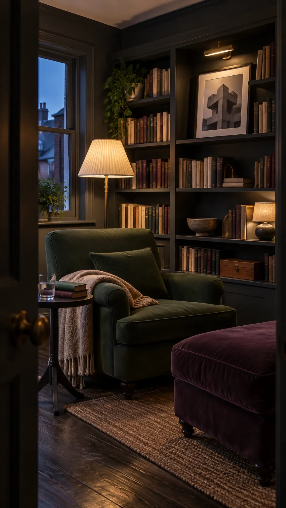 Moody green and purple interior with charcoal walls and layered warm lighting