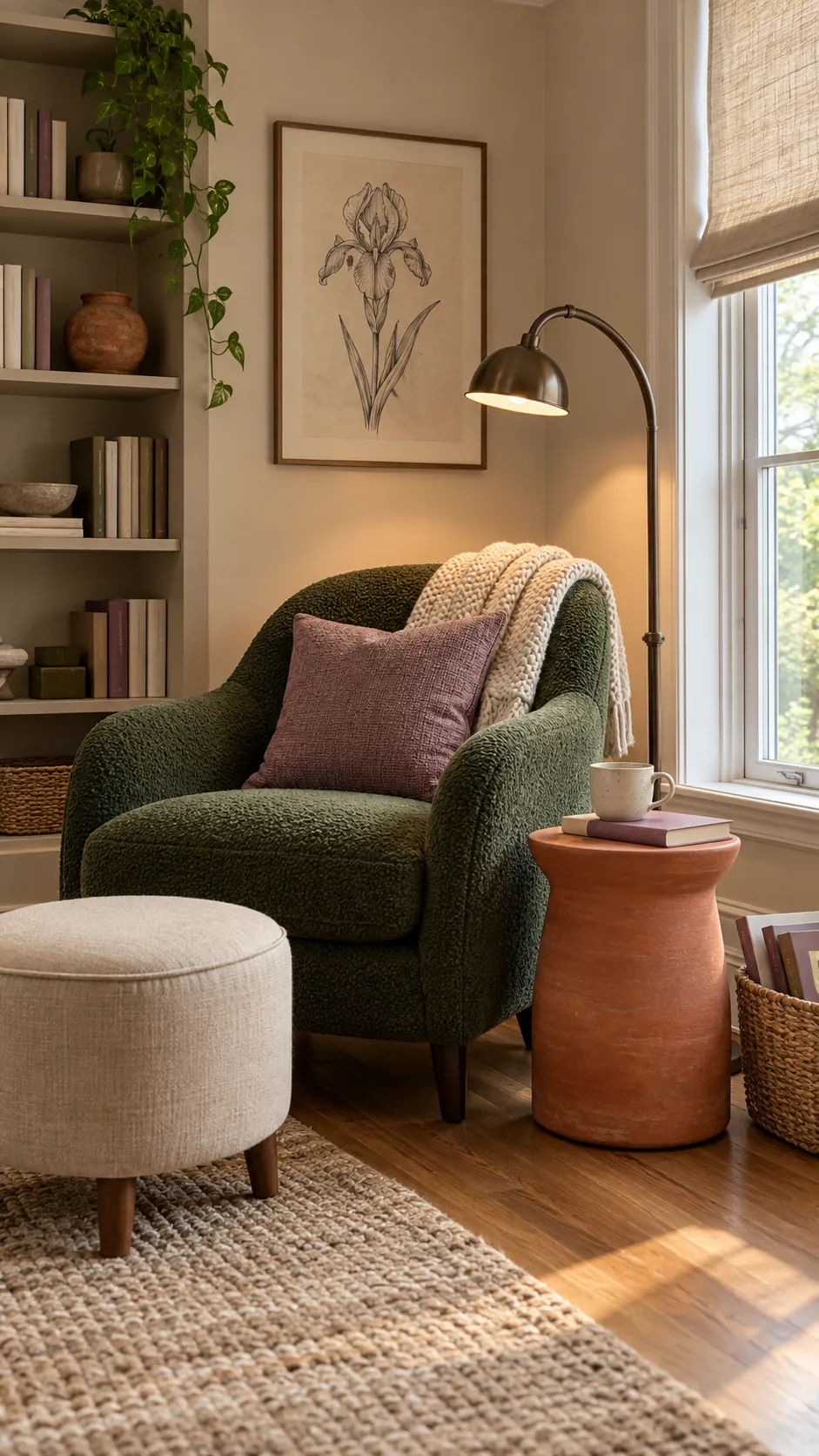 Purple and green reading nook warmed by terracotta accents