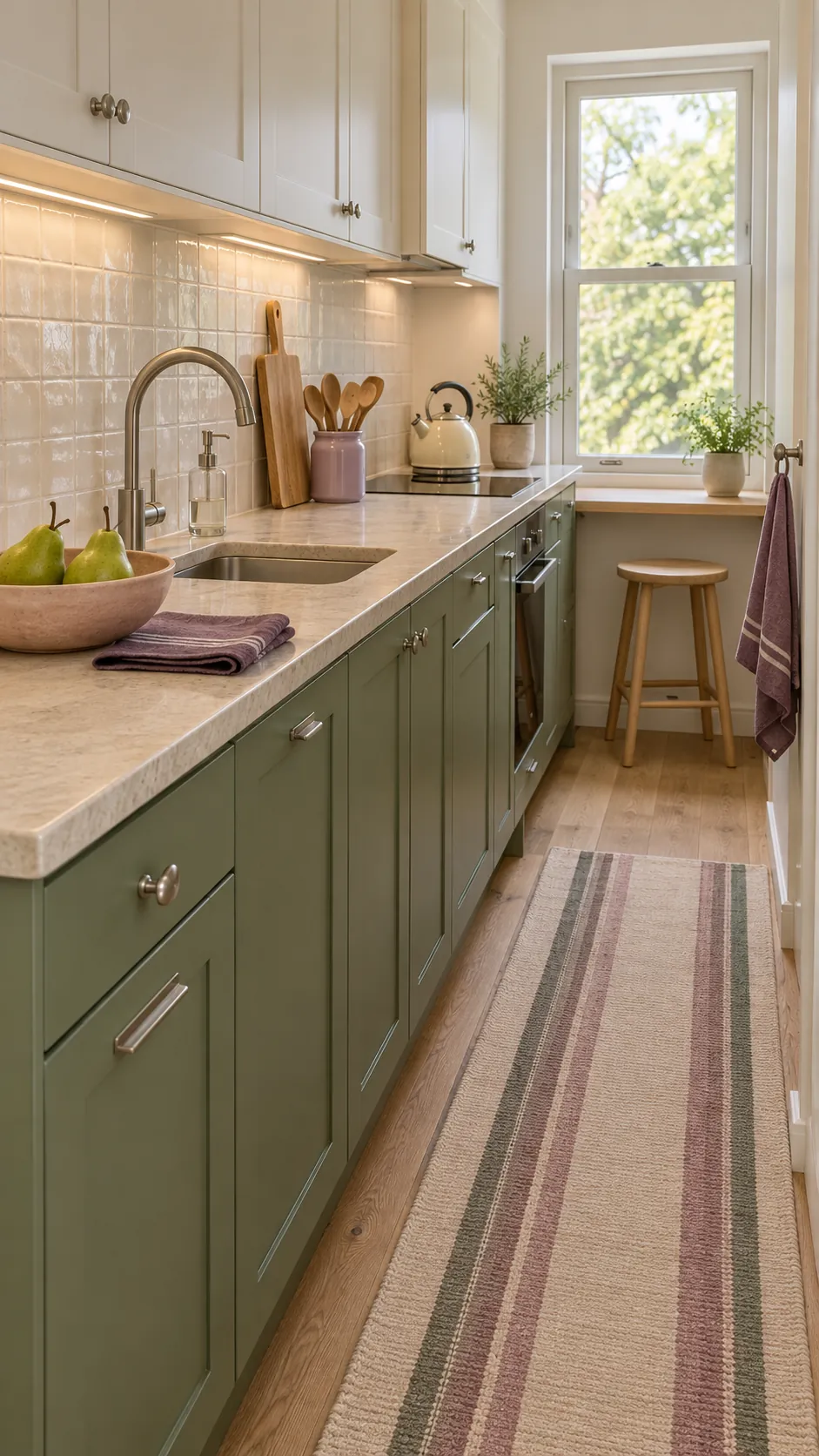 Green kitchen with muted purple and blush details balanced by warm stone