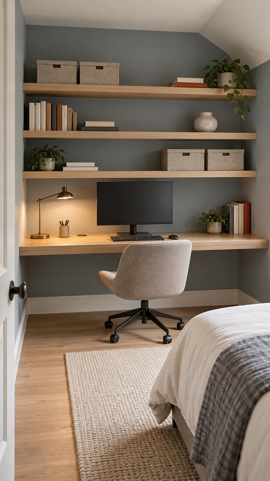 Shallow built in desk wall in a home office bedroom