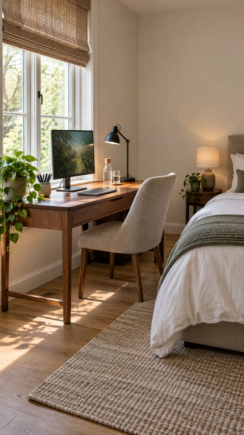 Guest bedroom office with a desk beside the window