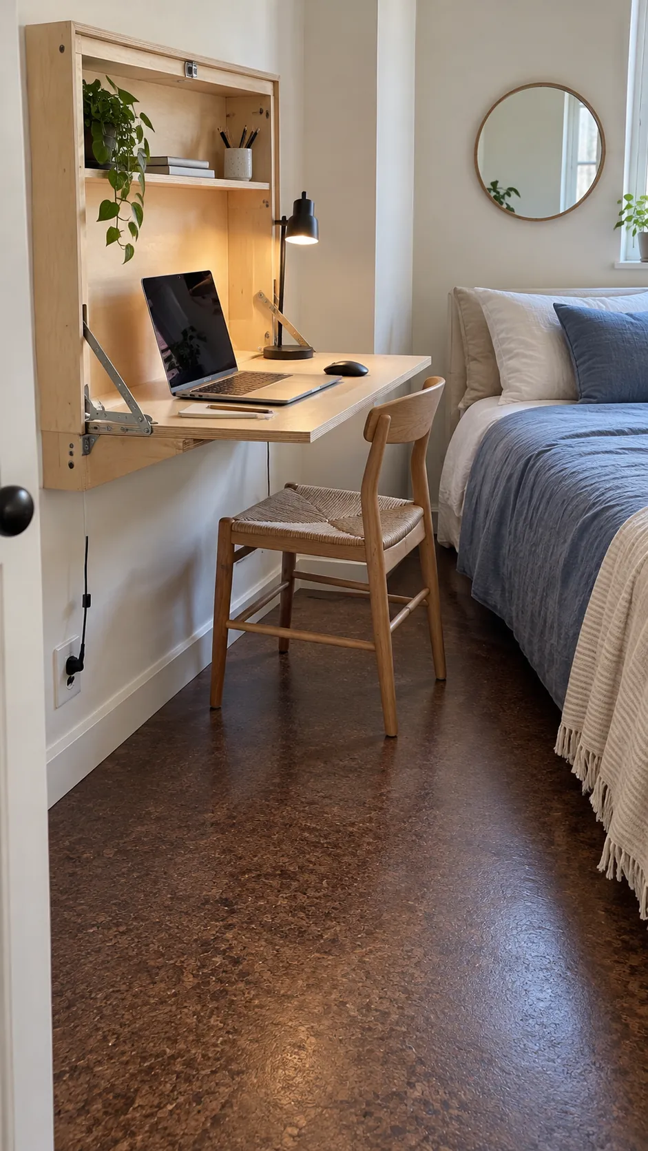 Folding wall desk in a small office guest bedroom