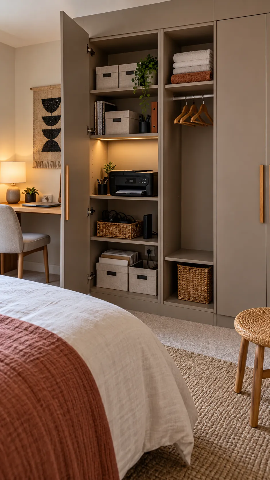 Closed office storage in a welcoming guest room