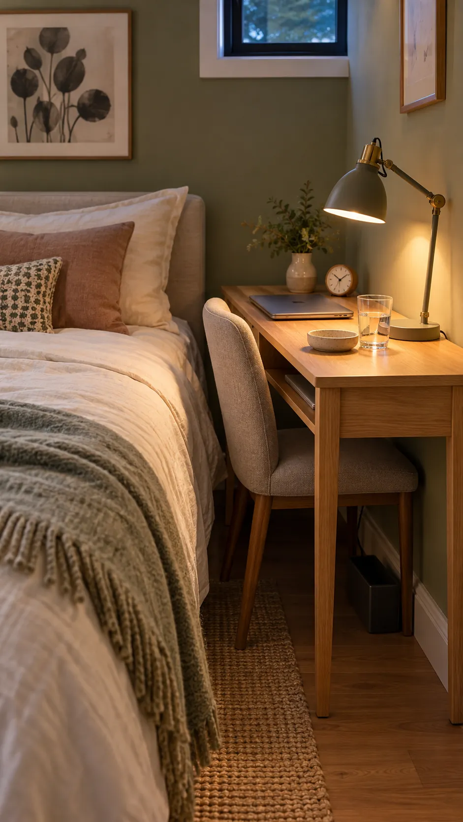Desk used as a bedside surface in a narrow guest room