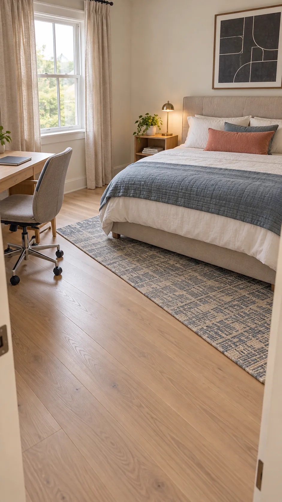 Washable rug zoning a sleeping area beside a home office