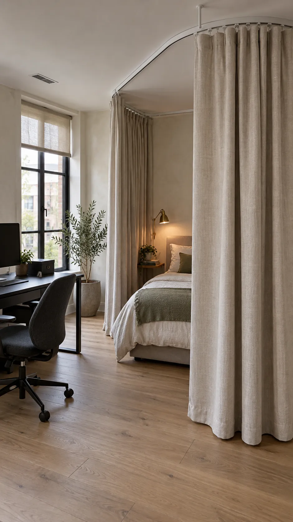 Privacy curtain around a bed in a dual purpose room