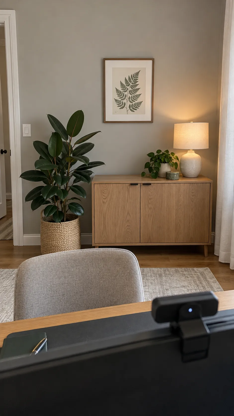 Calm video call background in a guest bedroom office