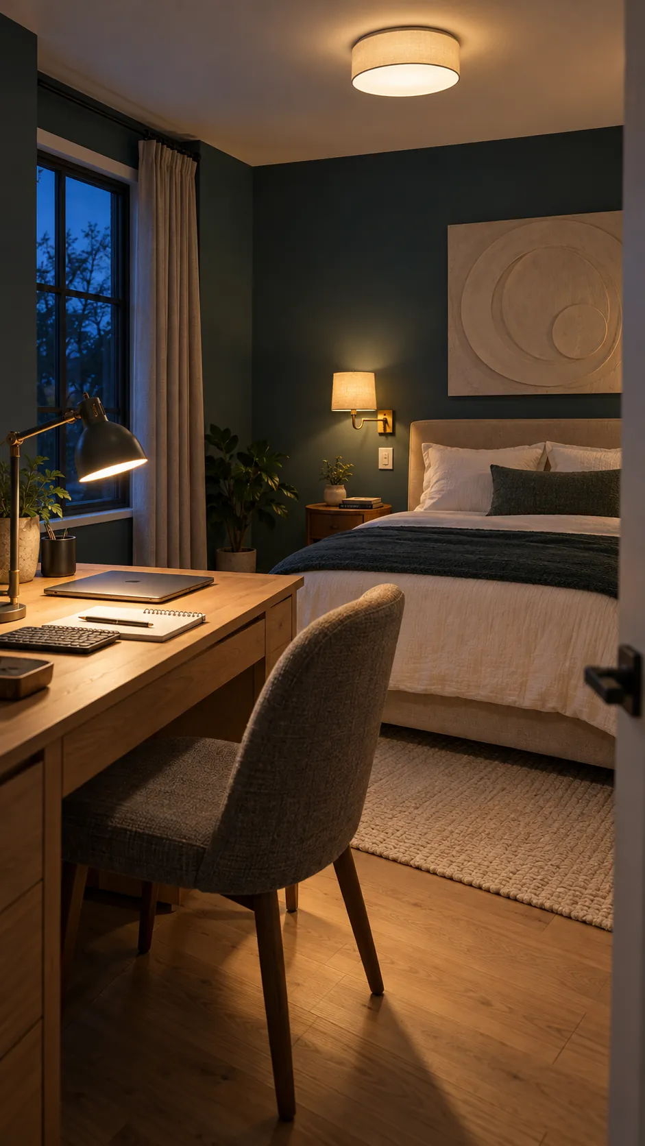 Layered task and bedside lighting in an office guest room