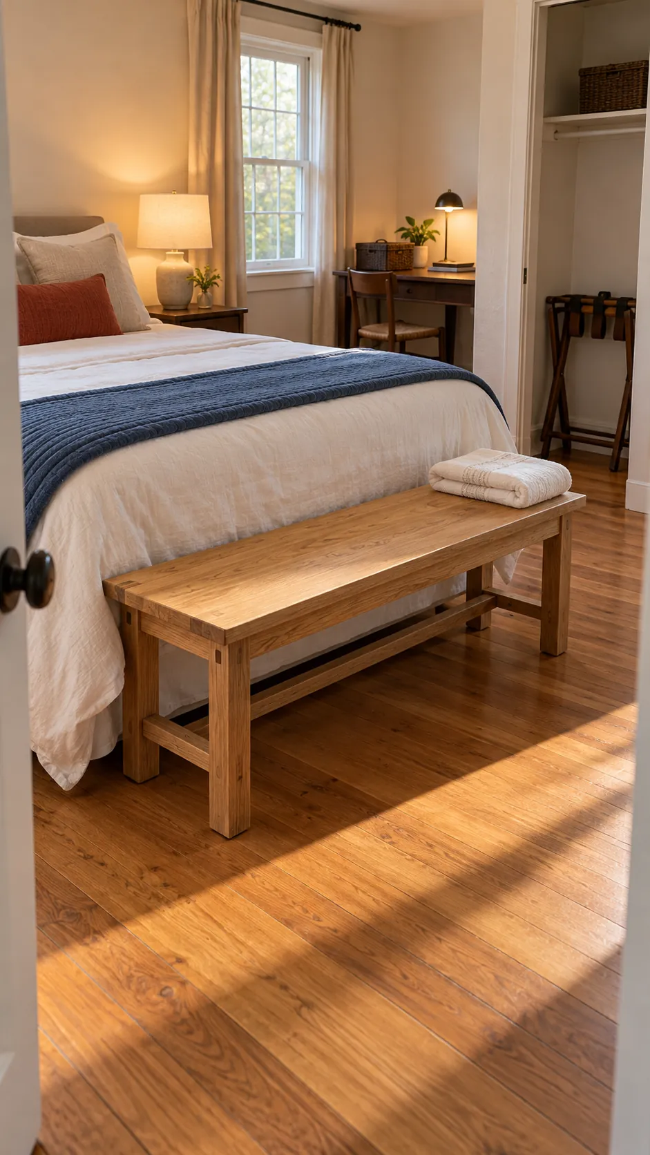 Empty luggage bench in a comfortable spare bedroom