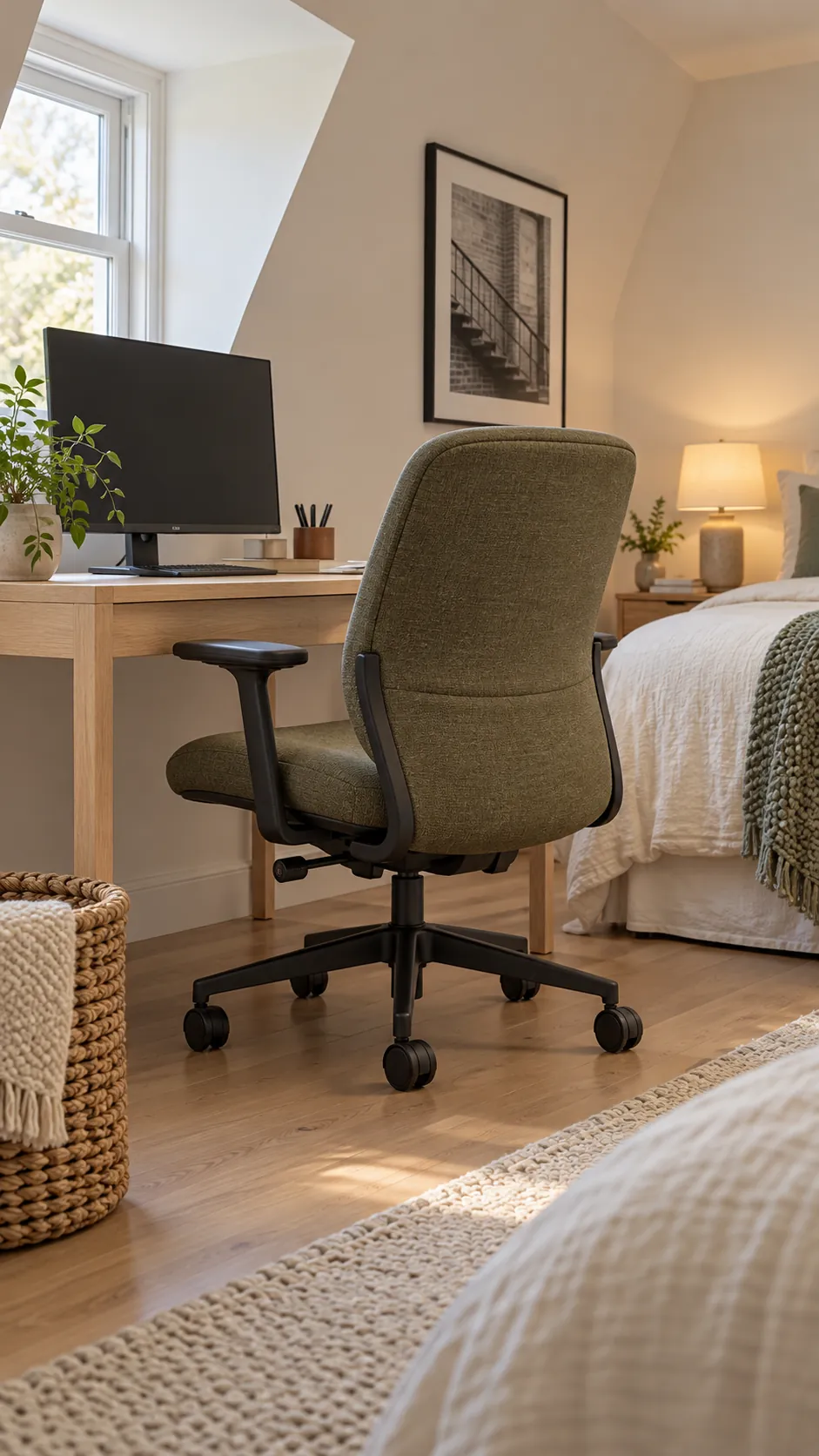 Upholstered ergonomic chair in a cozy guest bedroom office