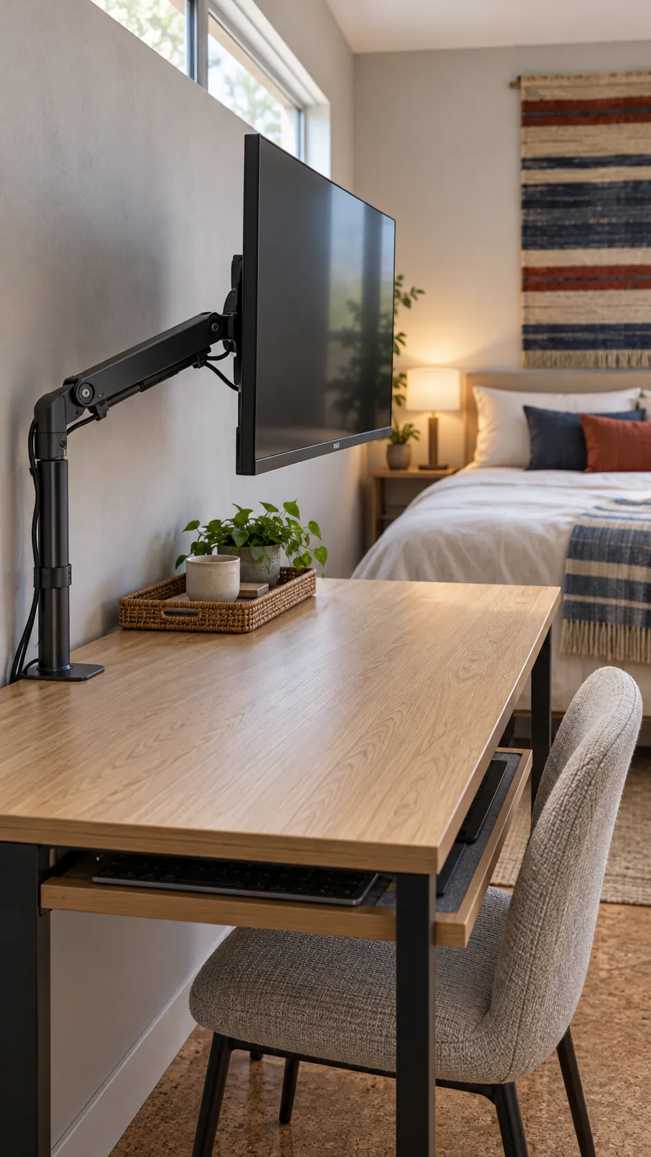 Adjustable monitor arm above a clear guest room desk