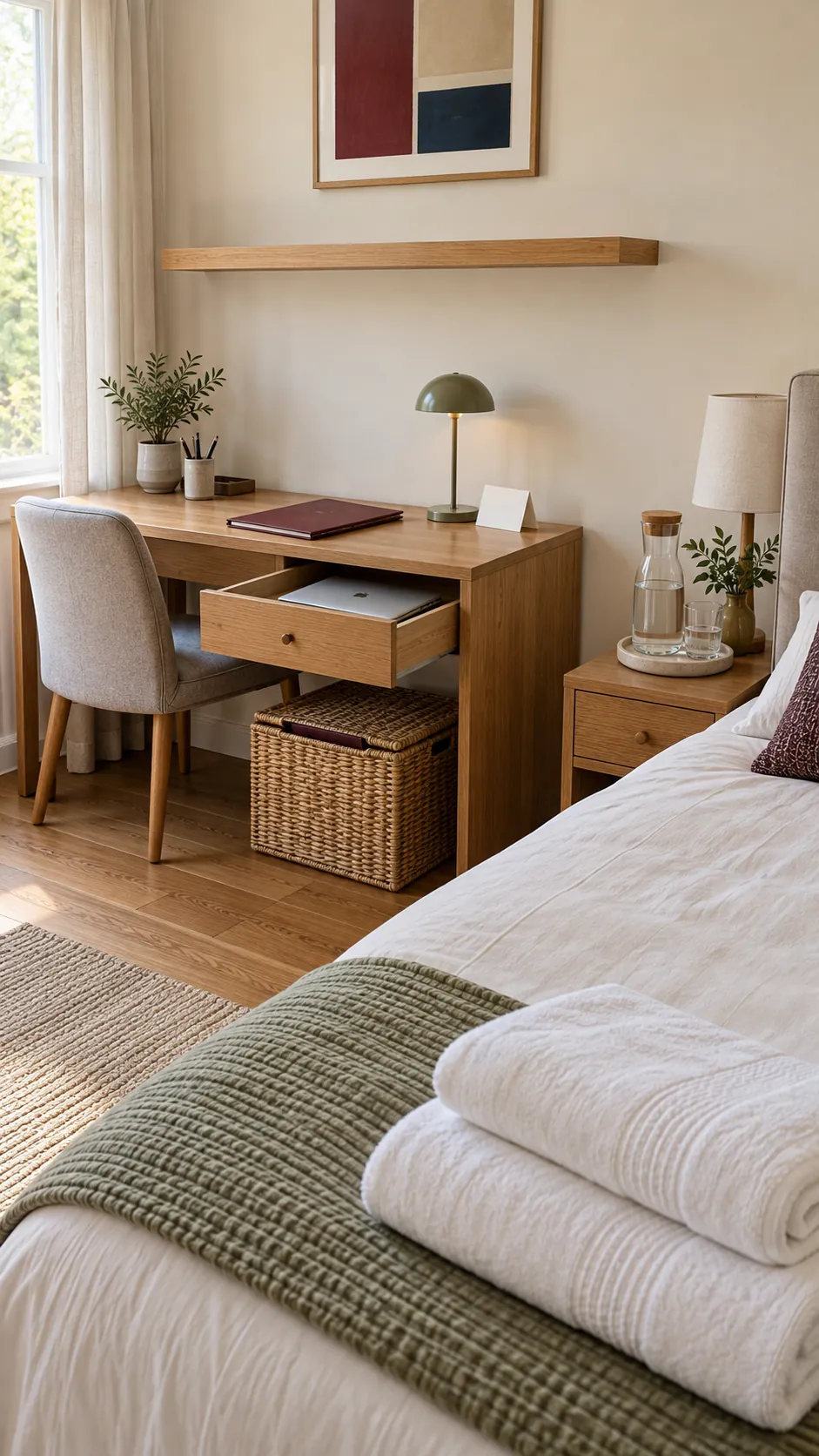 Organized basket and fresh bedding for a quick guest room reset