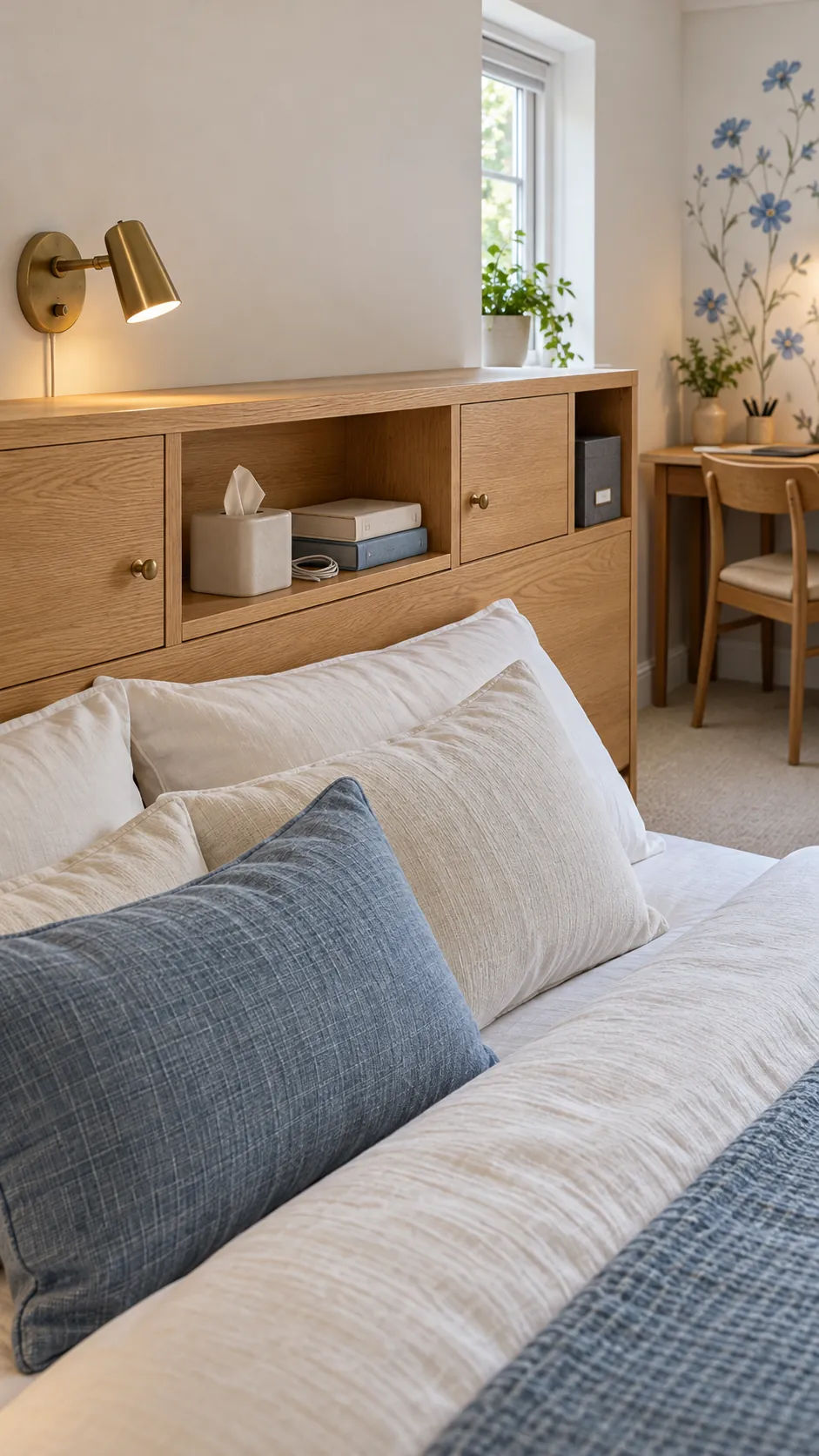 Storage headboard with guest essentials in a flexible bedroom
